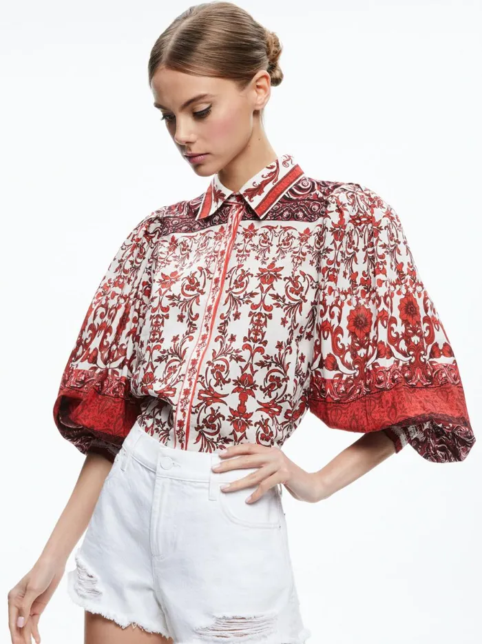 Womens Tops Alice Olivia Tiffie Collared Puff Sleeve Blouse Fatal Attraction Off White