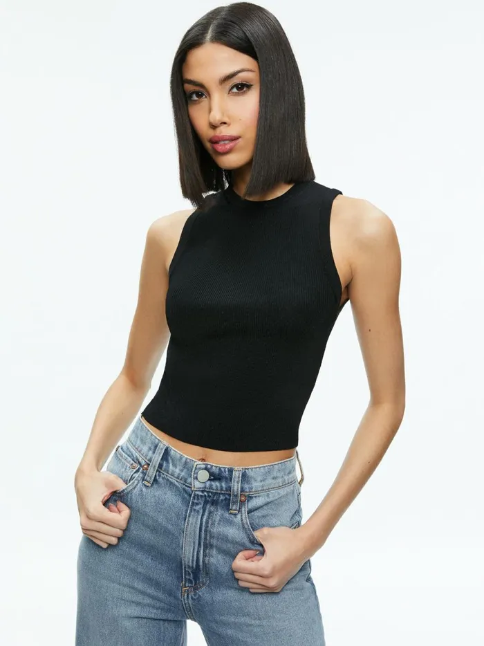 Womens Tops Alice Olivia Tonita Ribbed Tank Black