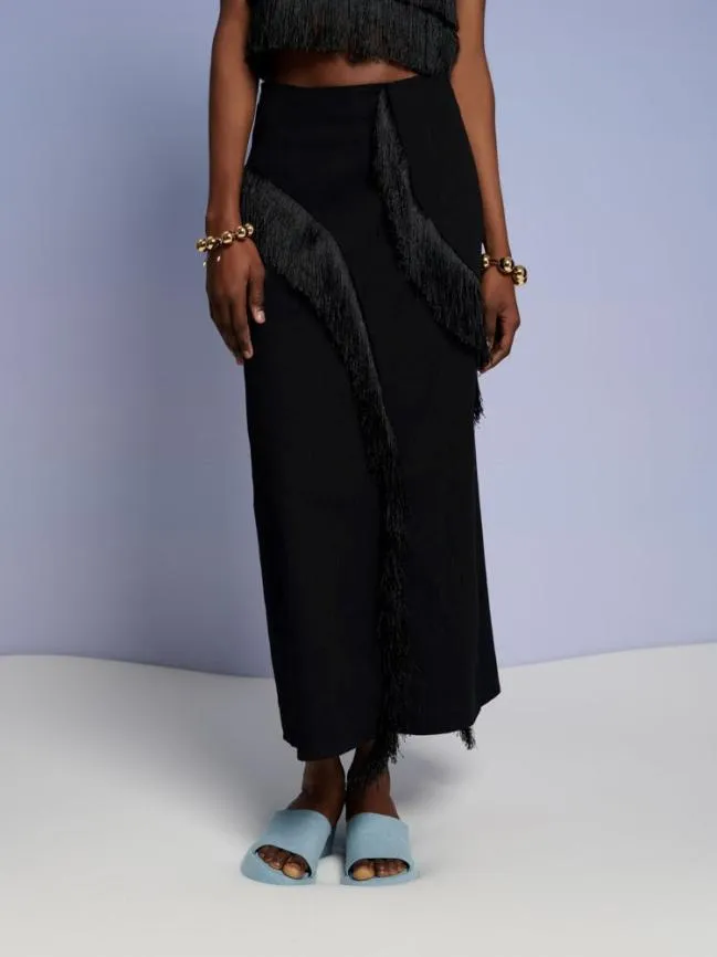 Womenswear Ghospell Winnie Fringe Midi Skirt Coal Black Sister Jane