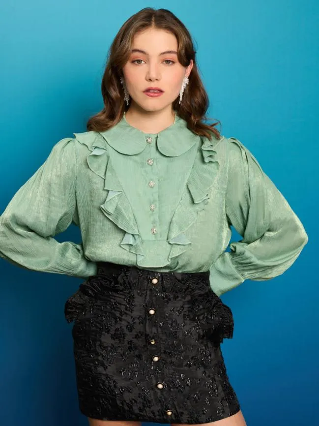 Womenswear Lagoon Shell Ruffle Blouse Celadon Green Sister Jane