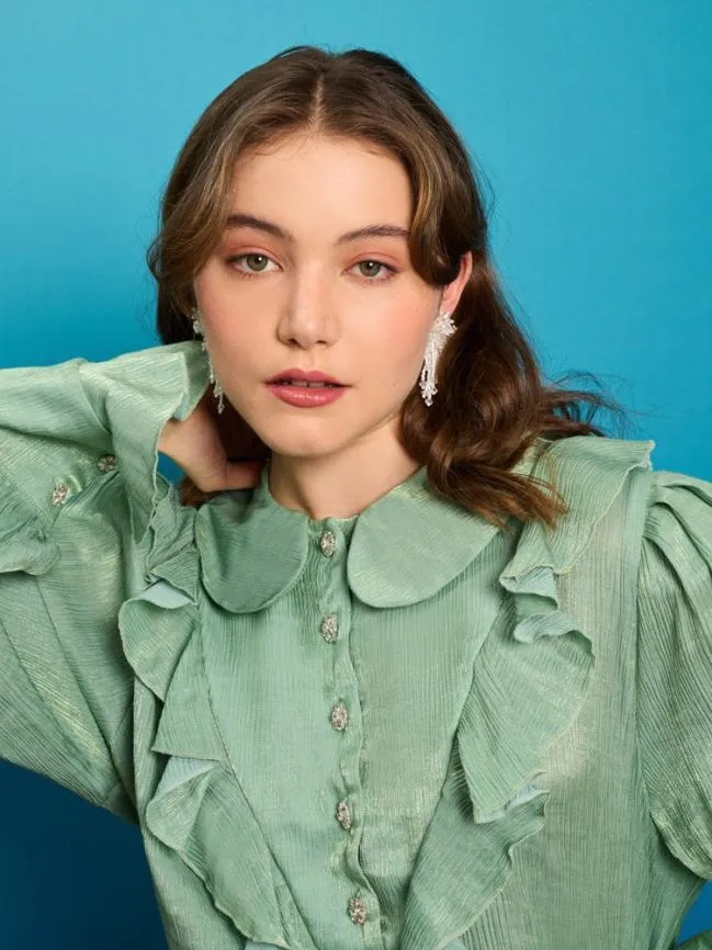 Womenswear Lagoon Shell Ruffle Blouse Celadon Green Sister Jane Womenswear Lagoon Shell Ruffle Blouse Celadon Green Sister Jane